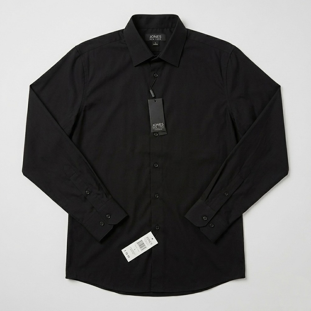 Jones New York Signature Slim Fit Black Dress Shirt L 34/35 Easy Care Cotton